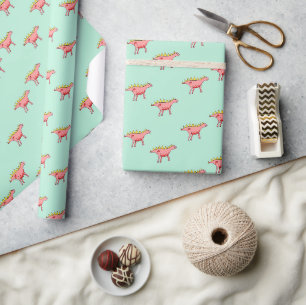 Papel De Regalo Patrón de dinosaurios rosados en azul pálido