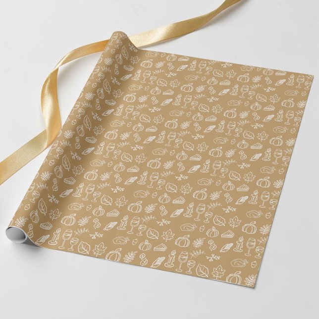 Papel De Regalo Patrón de doodle lindo marrón moderno de otoño de  (Modern Brown Cute Doodle Pattern Fall Thanksgiving Wrapping Paper)