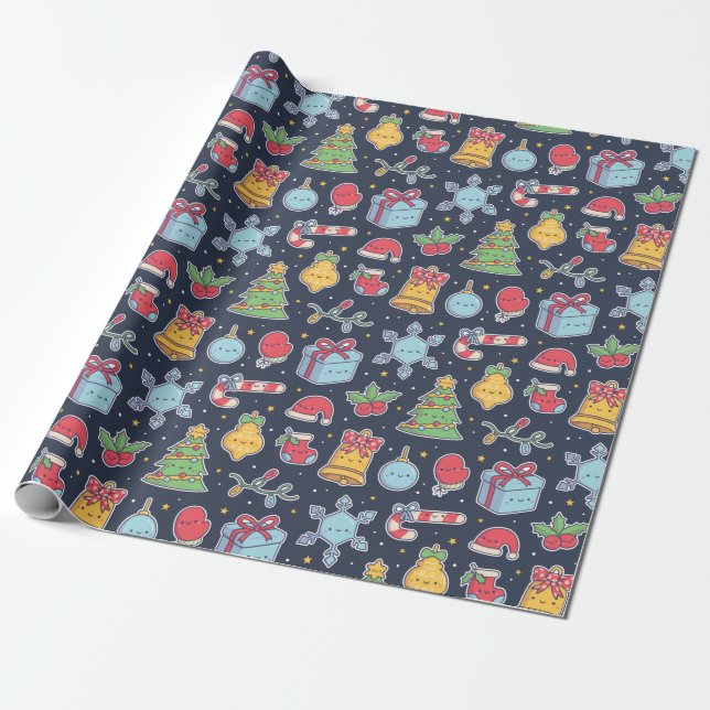 Papel De Regalo Patrón de Doodles de Decoraciones Navideñas Cuesta (Desenrollado)