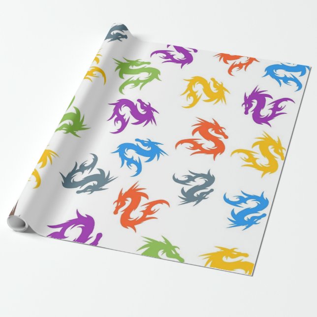 PAPEL DE REGALO PATRÓN DE DRAGONES CHINOS COLORIDOS Y SIMILARES (Desenrollado)
