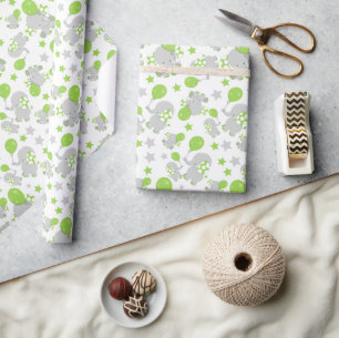 Papel De Regalo Patrón de Elefantes, Elefantes Cutos - Gris Verde