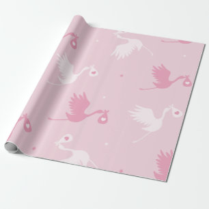 Papel De Regalo Patrón de entrega de aves de cigüeñal rosa y blanc