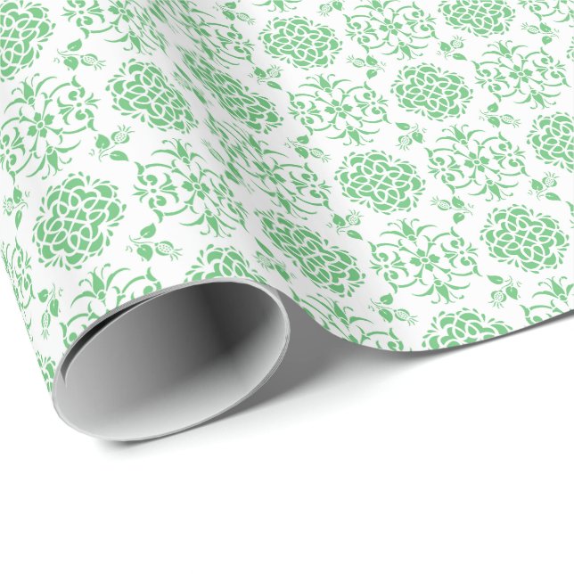 Papel De Regalo Patrón de estilo de Damasco de Flores Cuadros Verd (Esquina del rollo)