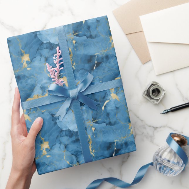 Papel De Regalo Patrón de estilo líquido de mármol azul y dorado (Regalar)