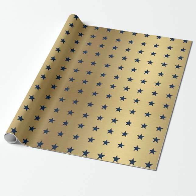 Papel De Regalo Patrón de estrellas azules de la marina sobre oro  (Desenrollado)