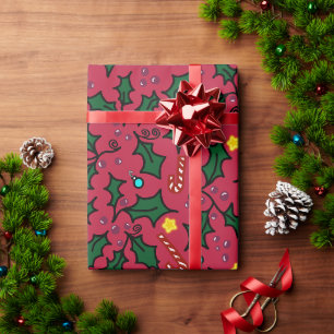 Papel De Regalo Patrón de estrellas de acebo de Navidad y bastones