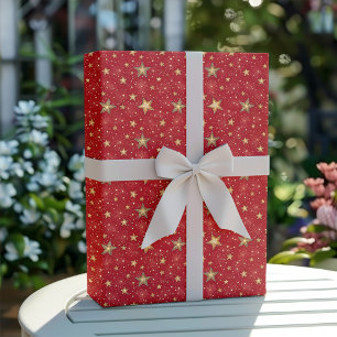 Papel De Regalo Patrón de estrellas de Navidad doradas y rojas