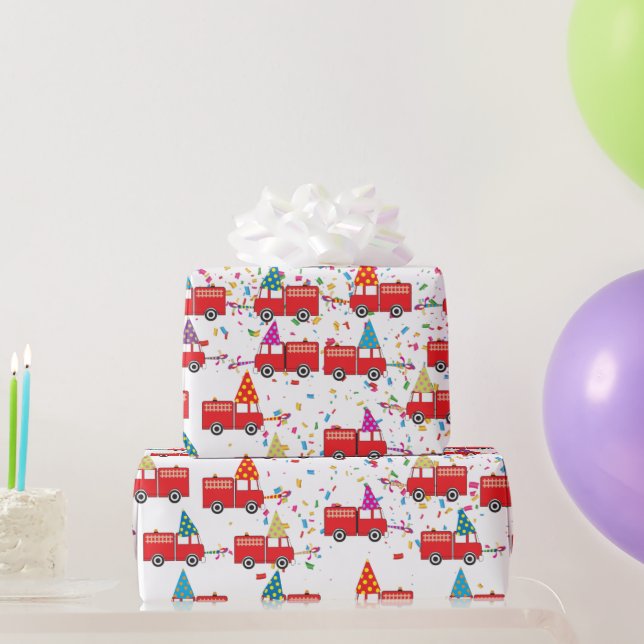 Papel De Regalo Patrón de Fiesta de camiones de bomberos rojos (Regalos de fiesta)