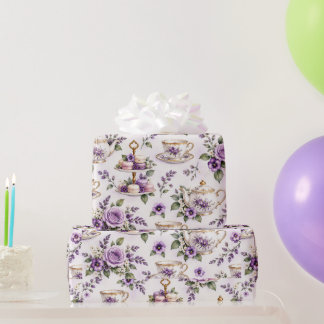 Papel De Regalo Patrón de fiesta de té púrpura vintage |