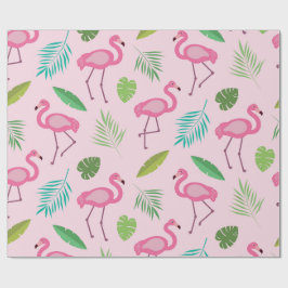 Papel De Regalo Patrón de flamenco rosa con hojas tropicales 
