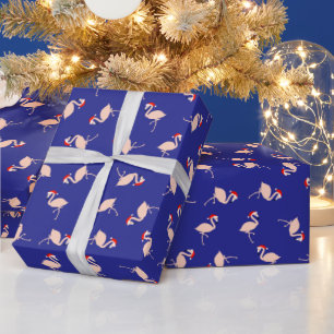 Papel De Regalo Patrón de flamencos de Santa adorables en azul osc