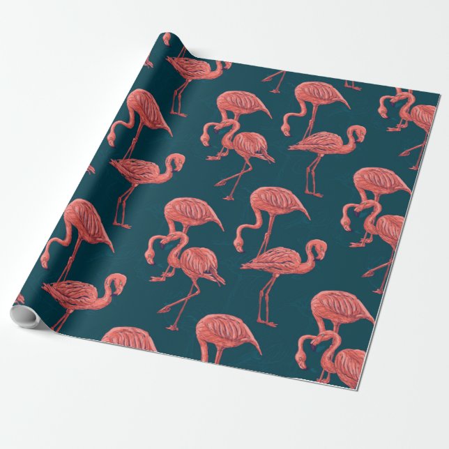 Papel De Regalo Patrón de flamingo de coral vivo (Desenrollado)