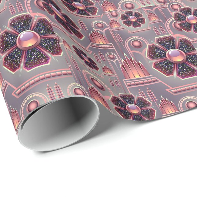 Papel De Regalo Patrón de flor Art deco geométrico púrpura (Esquina del rollo)