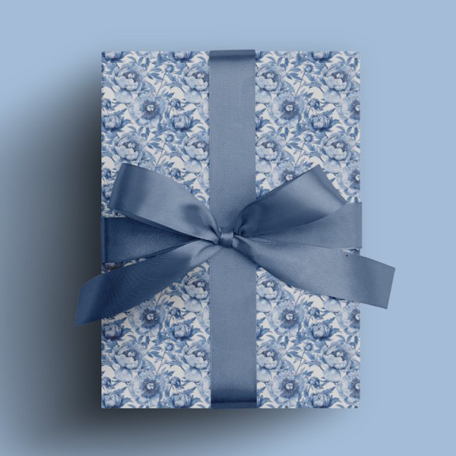 Papel De Regalo Patrón de flor Chinoiserie floral azul botánico (Botanical Blue Floral Chinoiserie Flower Pattern Wrapping Paper)