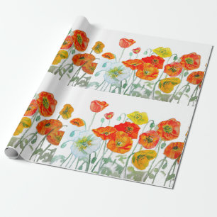 Papel De Regalo Patrón de Flor de Amapola Rojo Naranja Acuarela Bo