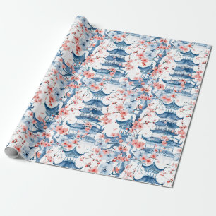 Papel De Regalo Patrón de flor de cerezo de pagoda china azul