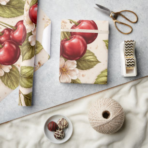 Papel De Regalo Patrón de flor de cerezo vintage con cerezas rojas