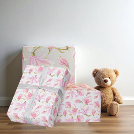 Papel De Regalo Patrón de Flor de Magnolia Rosa Elegante Acuarela