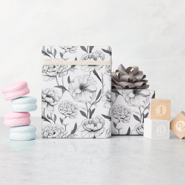 Papel De Regalo Patrón de flor de peones monocromo (Baby Shower)