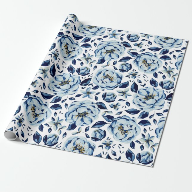 Papel De Regalo Patrón de flor de peonía azul acuarela (Desenrollado)