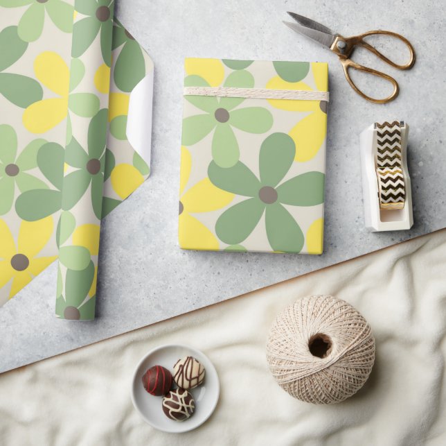 Papel De Regalo Patrón de flor del año 2007 retro amarillo verde (Artesanía)