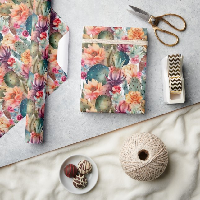 Papel De Regalo Patrón de flor del desierto de cactus de acuarela (Artesanía)