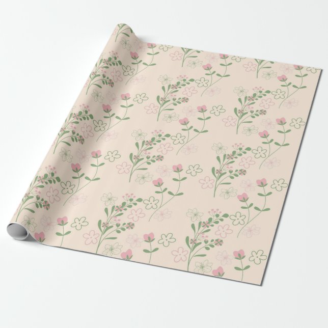 Papel De Regalo Patrón de flor del Retro Verde Rosa Y2K 70 (Desenrollado)