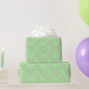Papel De Regalo Patrón de flor dibujado en línea rosada en verde