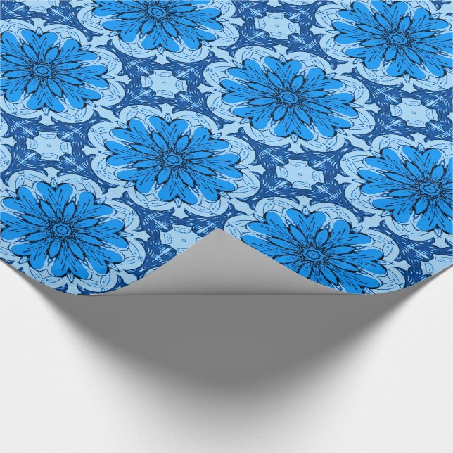 Papel De Regalo Patrón de flor geométrica en azul claro y azul cla (Esquina)