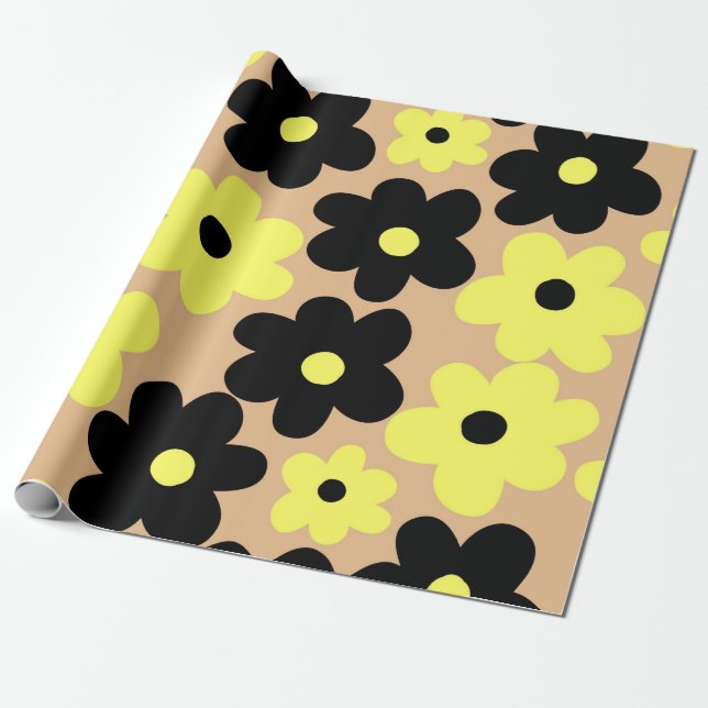 Papel De Regalo Patrón de flor hippie amarillo-negro (Desenrollado)