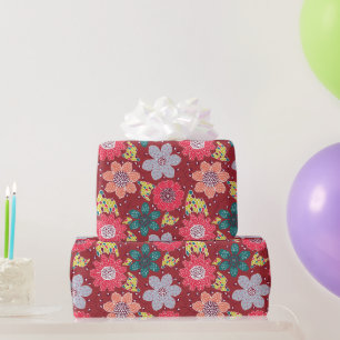 Papel De Regalo Patrón de flor multicolor con fondo rojo