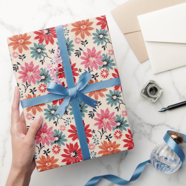 Papel De Regalo Patrón de flor retro Naranja rojo azul (Regalar)