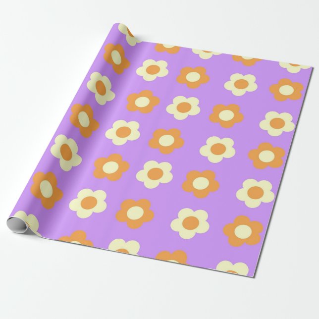 Papel De Regalo Patrón de flor simple floral preppy Naranja púrpur (Desenrollado)
