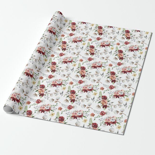 Papel De Regalo Patrón de floral y algodón de acuarela del sur de  (Desenrollado)
