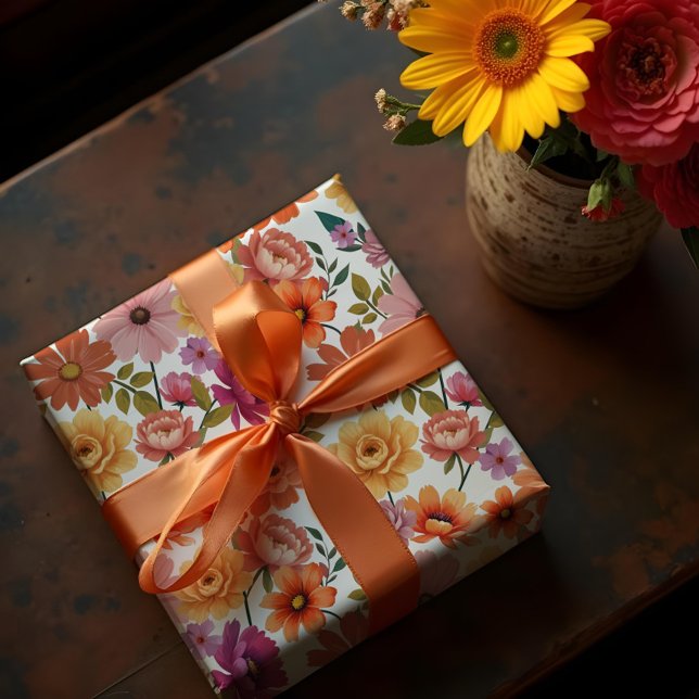 Papel De Regalo Patrón de floral y follaje botánico retro vibrante (Retro Vibrant Botanical Floral & Foliage Pattern Wrapping Paper)