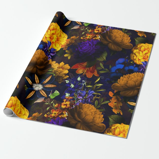 Papel De Regalo Patrón de flores amarillas púrpuras nostálgicas an (Desenrollado)