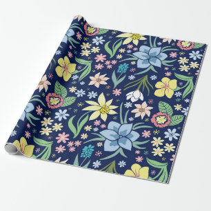 Papel De Regalo Patrón de flores amarillas y azules