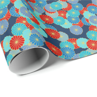 Papel De Regalo Patrón de flores Art Decó - azul, turquesa y rojo