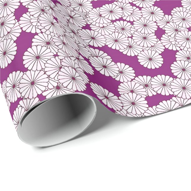 Papel De Regalo Patrón de flores Art Deco - blanco sobre violeta (Esquina del rollo)