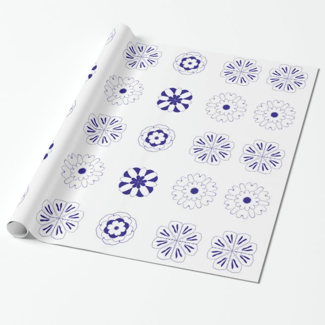 Papel De Regalo Patrón de flores azul folclórico (Desenrollado)