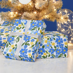 Papel De Regalo Patrón de flores azules y amarillas de primavera c