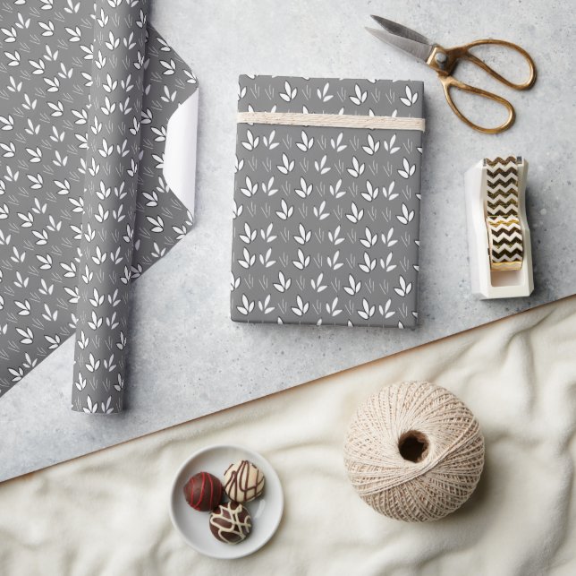 Papel De Regalo Patrón de flores blancas acuarela gris (Artesanía)