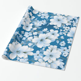 Papel De Regalo patrón de flores blancas, fondo azul,