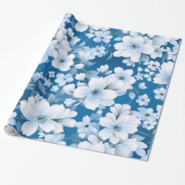 Papel De Regalo patrón de flores blancas, fondo azul, (Desenrollado)