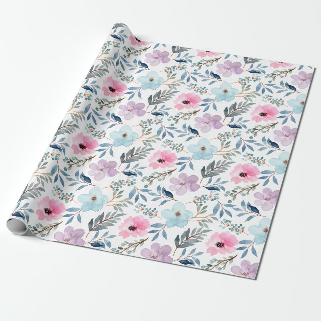Papel De Regalo Patrón de flores de acuarela azul pastel de verano (Desenrollado)