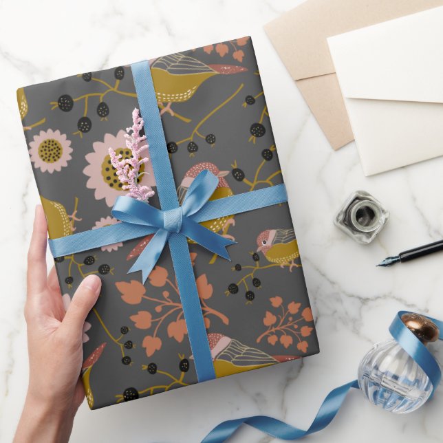 Papel De Regalo Patrón de flores de cerezas negras rosadas de oro  (Regalar)