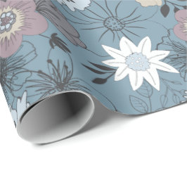 Papel De Regalo Patrón de flores de rosa blanca azul floral