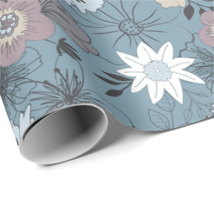 Papel De Regalo Patrón de flores de rosa blanca azul floral