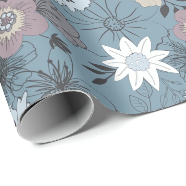 Papel De Regalo Patrón de flores de rosa blanca azul floral (Esquina del rollo)