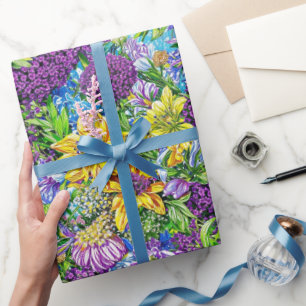 Papel De Regalo Patrón de flores del Jardín Verde Azul Amarillo Li